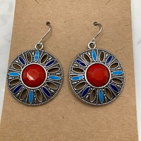 Silver Earrings featuring Red and Blue Gemstones. - Picture 3 of 3